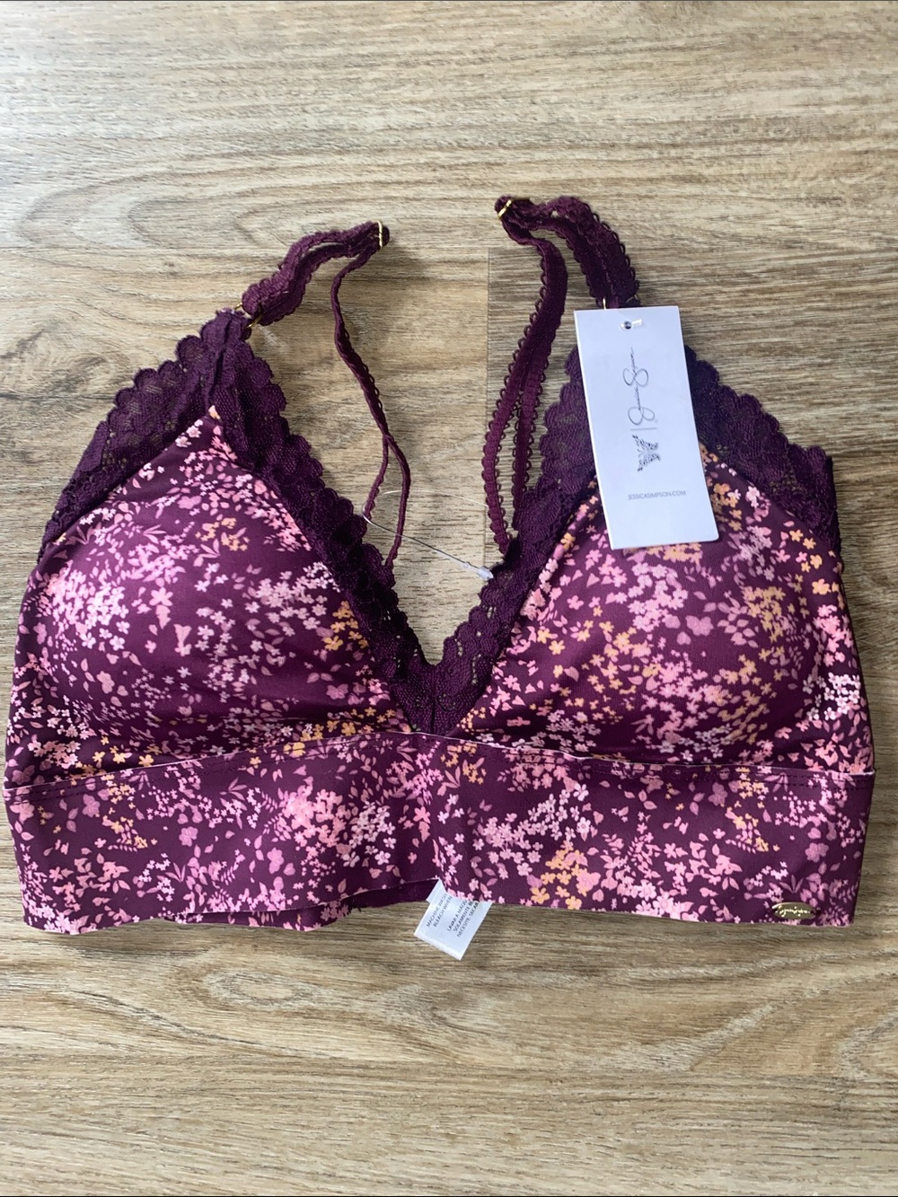 Jessica Simpson Plum Floral Lace-Trim Bralette